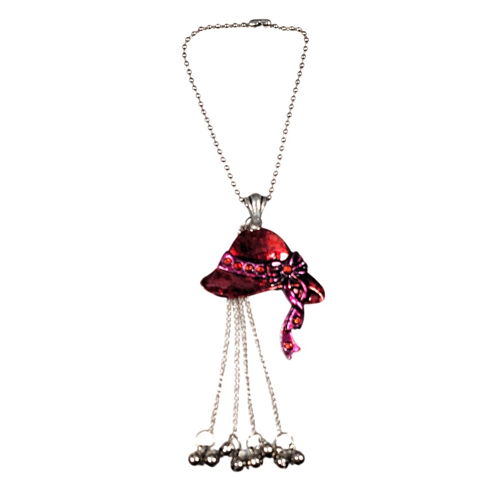 VTG 2000s Red Hat Society Jingle Keychain Purse Bag Charm Silver Tone Bell